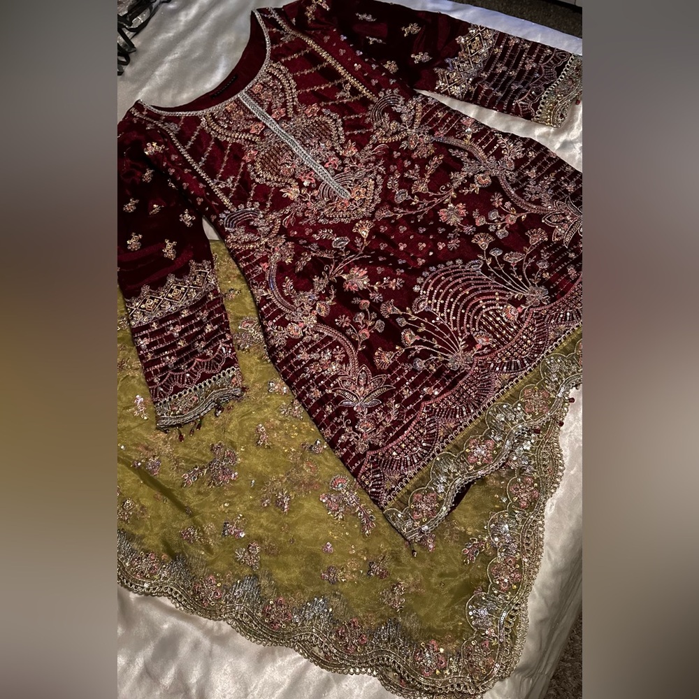 Elegant Maroon and Olive Embroidered Salwar Kameez